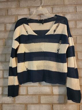 BCBG Sweater Distressed Navy and Cream Striped V-Neck Sweater